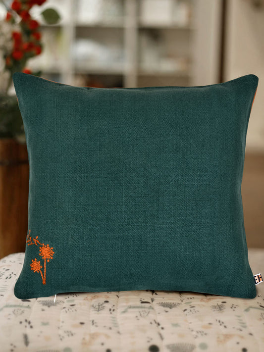 Green and Orange Hemp Plant Hand Embroidered Cushion Cover